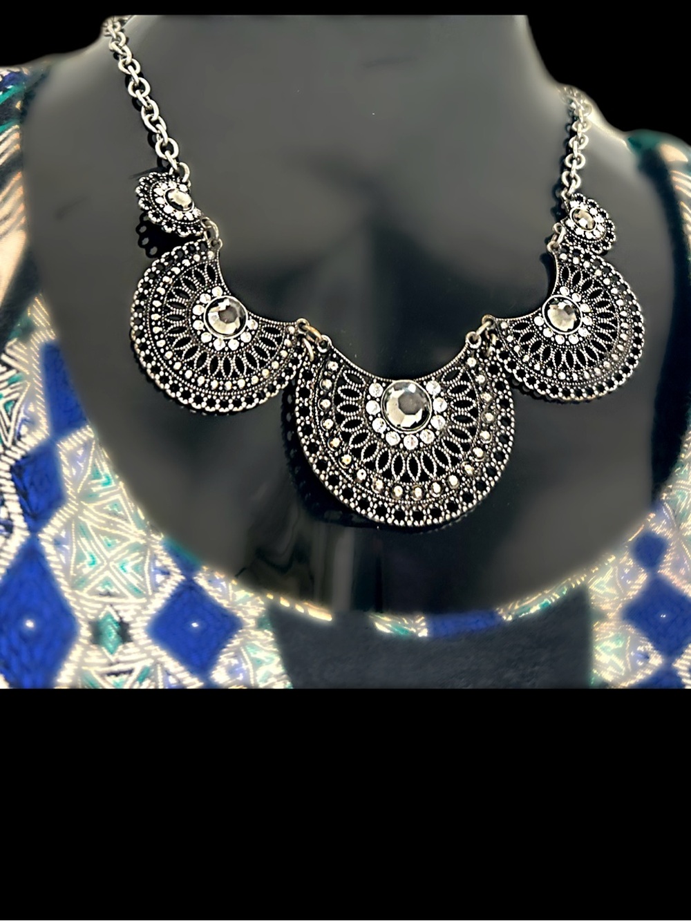 Antique Silver Filigree Statement Necklace - Black and Silver